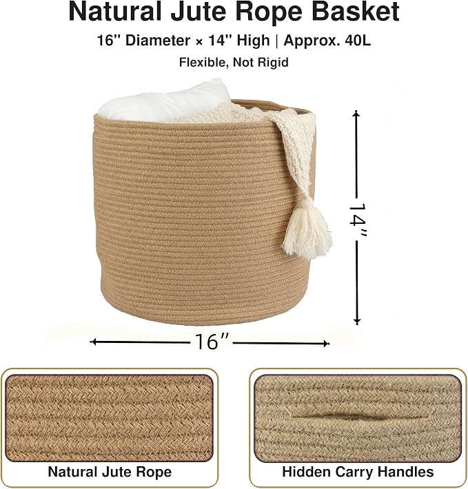 XUANGUO Jute Rope Basket For Girls Boys Kids 16”X14” | Baby Laundry Baskets - Image 2