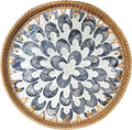 Round Rattan Tray with Mother of Pearl Inlay, Decorative Basket with Wooden Base by Unknown