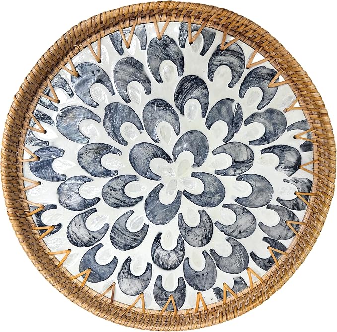 Round Rattan Tray with Mother of Pearl Inlay, Decorative Basket with Wooden Base by Unknown