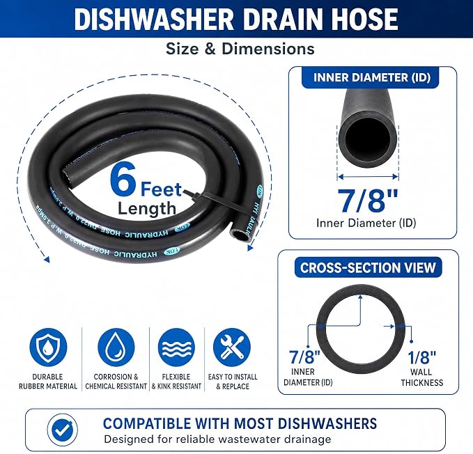Dishwasher Drain Hose Replacement 6FT, 7/8 Inch ID Rubber Hose - Image 2