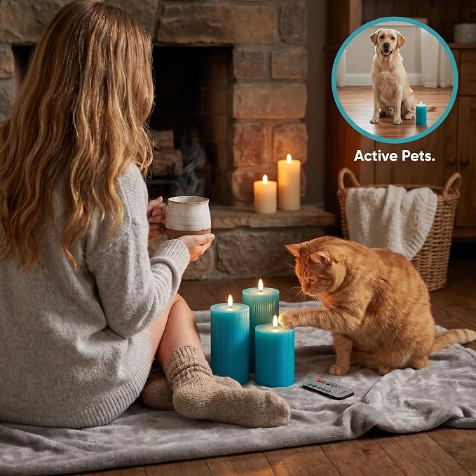 VENTA Turquoise Flameless Pillar Candles, Boho & Modern Home Decor - Image 3