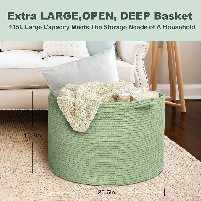 115L Oversized Green Basket, 23.6"x15.7" Woven Cotton Rope Bin - Image 3
