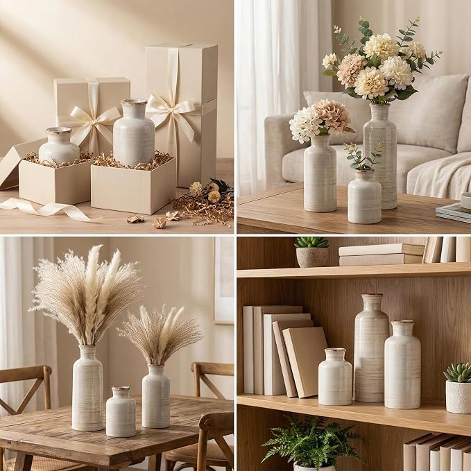 White Rustic Ceramic Vase Set of 3, Farmhouse Vase - Image 9