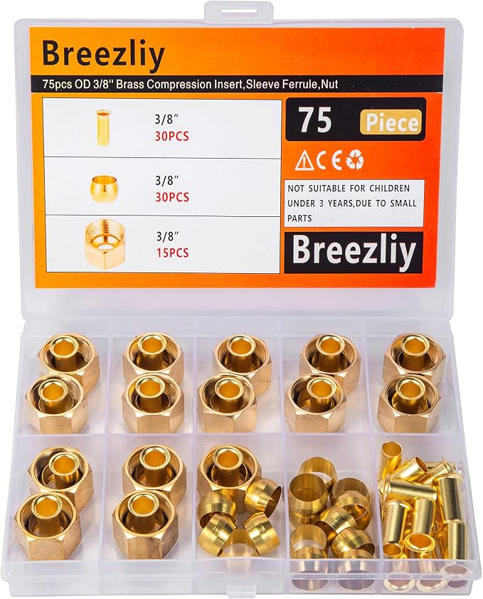 75pcs 3/8 Assortment Kit Brass Compression Sleeves Ferrules & Insert &Nuts - Image 2