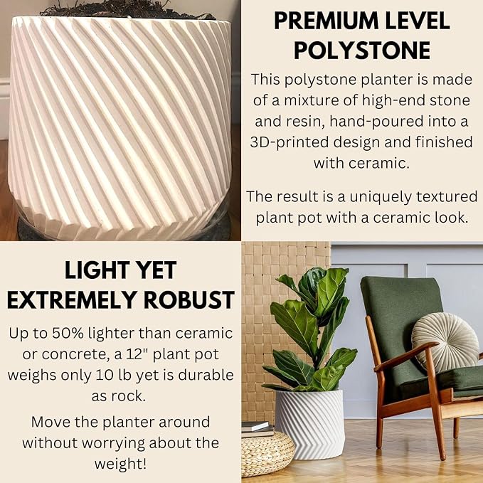 Fox & Fern Large Planter for Indoor or Outdoor, Matte White, 12 Inch | UV & - Image 3