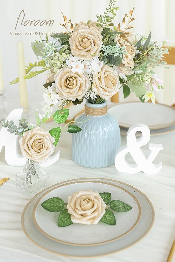 Artificial Flowers 25pcs Real Looking Champagne Gold Foam Fake Roses - Image 2