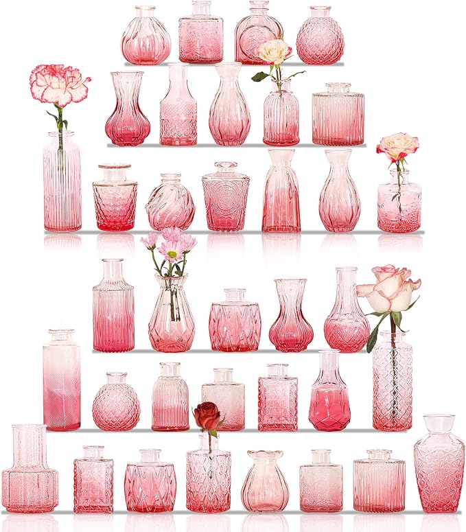 36Pcs Valentine's Day Bud Vases Set Small Vintage Glass Bottles Pink Bud Vases by JALANCY