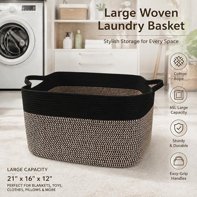65L Laundry Basket with Handles, Woven Blanket Basket, Living Room - Image 5
