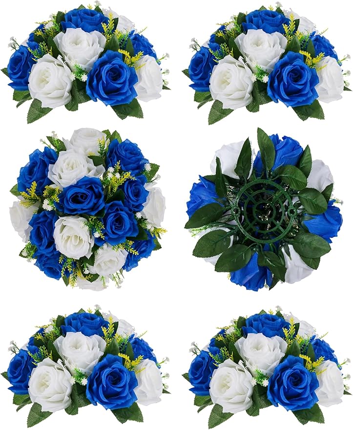 BLOSMON Royal Blue Artificial Flowers: 6 Pcs Fake Roses Flower Ball Centerpieces by Blosmon