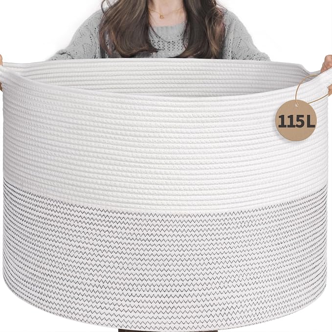 INDRESSME 115L Extra Large Woven Rope Blanket Basket Living Room, laundry & by INDRESSME