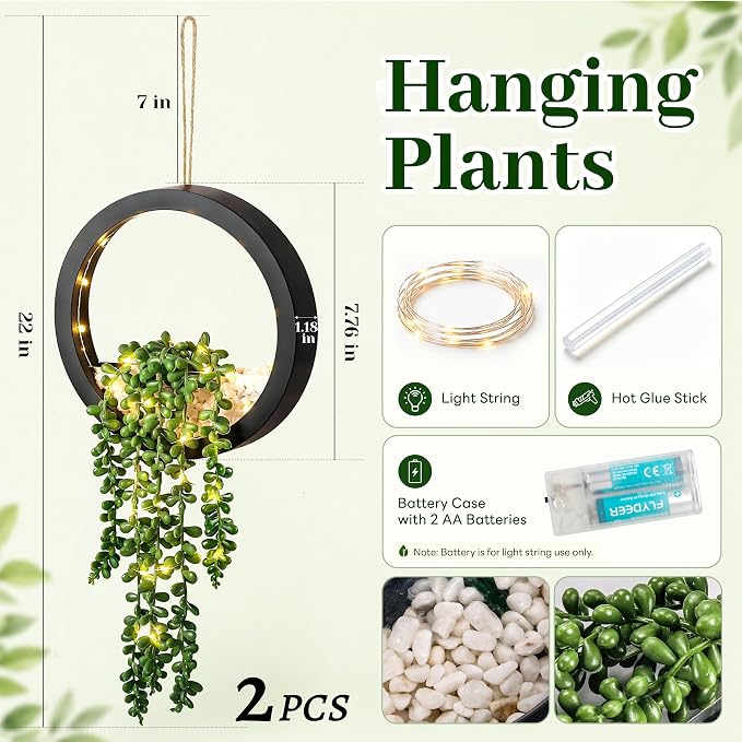 Der Rose 2 Pack Fake Lighted Hanging Succulent Plants - Image 3