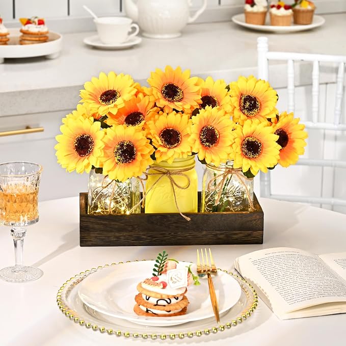 BLEUM CADE 3Pcs Mason Jar with Artificial Flowers Wood Tray and Light | - Image 4