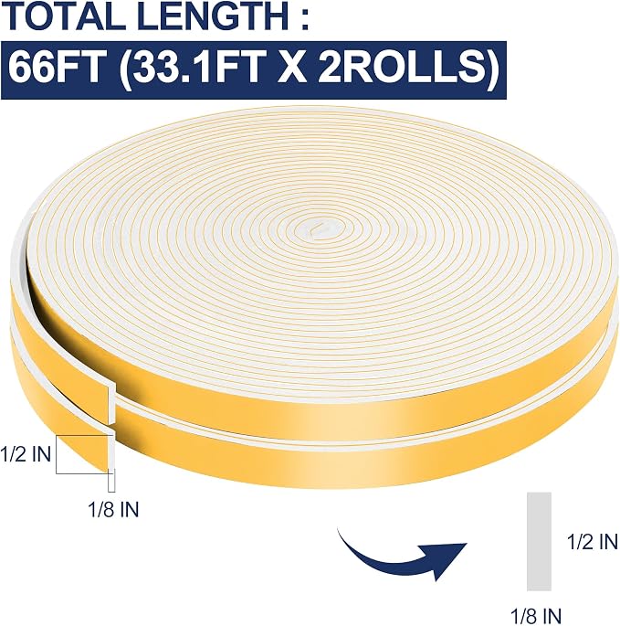 66Ft Foam Tapes Self Adhesive Foam Seal Strips 1/2In x 1/8In x 33.1Ft Each Roll - Image 2
