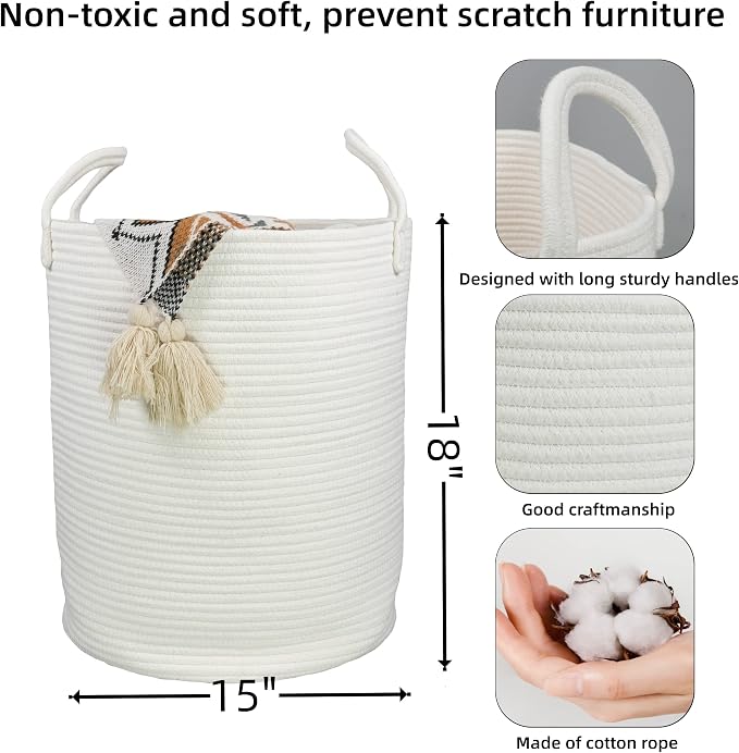 XUANGUO White Cotton Rope Laundry Basket Hamper - Image 2