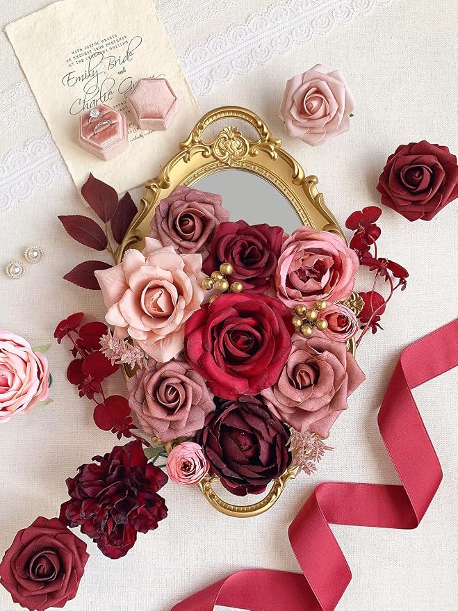 FACINOC Roses Artificial Flowers Burgundy Red Bouquet Fake Flower Bulk | DIY - Image 3