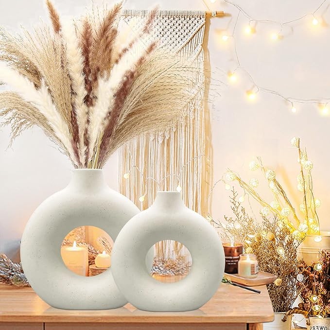 QLOFEI White Ceramic Vases Set of 2, Round Matte Modern Vase - Image 4