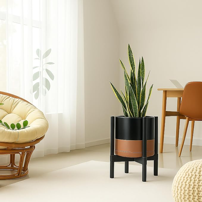 D'vine Dev Ceramic Pot with Ebony Wood Stand, 12 in, 55-B-H-7 | Mid-Century - Image 6