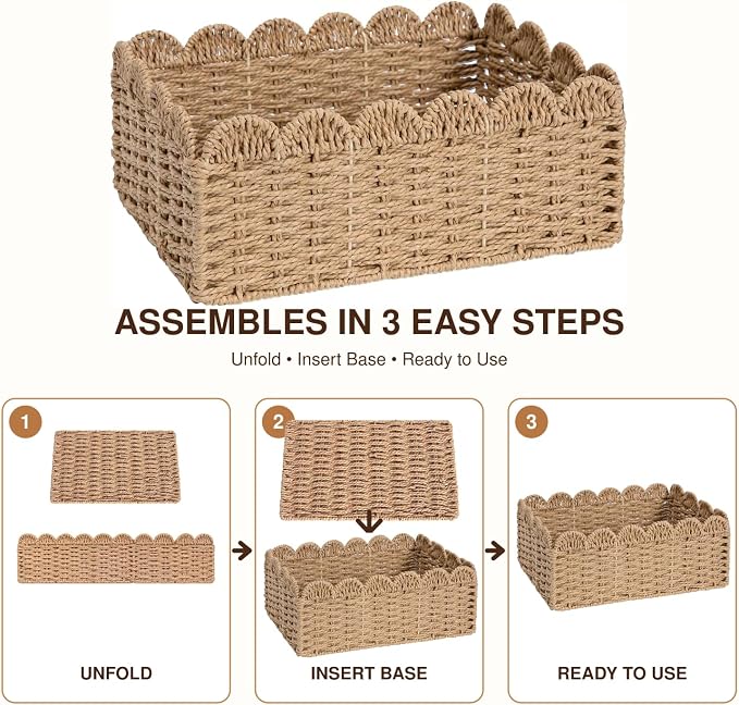 2 Pack Foldable Scalloped Basket, Handwoven Wicker Storage Baskets - Image 2