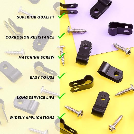 Swpeet 60 Pack Black 1/4 Inch Nylon Plastic R-Type Cable Clips Clamp Kit - Image 6