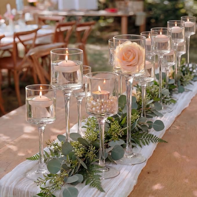 NUPTIO Stemmed Glass Candle Holders, Long Stem Base by Nuptio