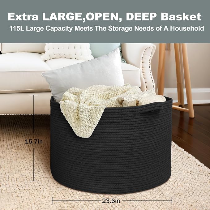 115L Super Large Black Blanket Basket, 23.6"x15.7" Woven Rope Bin - Image 3