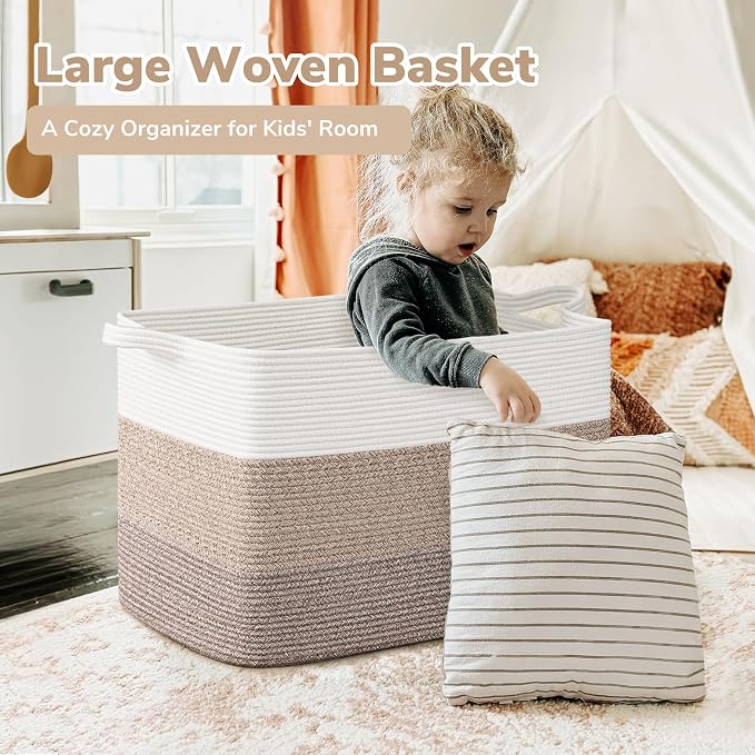 Goodpick 105L Extra Large Woven Rope Blanket Basket, Light Brown | 25'' x 16'' - Image 2