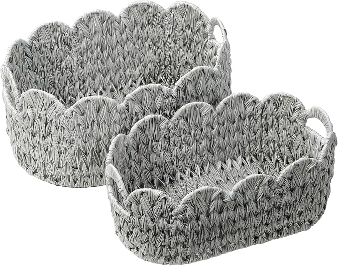 Coeusy Wicker Scalloped Basket Set of 2, Woven Storage Baskets - Image 8