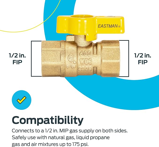 Eastman Straight Gas Brass Ball Valve, 1/2 in FIP x 1/2 in FIP, 1/4-Turn Handle - Image 3