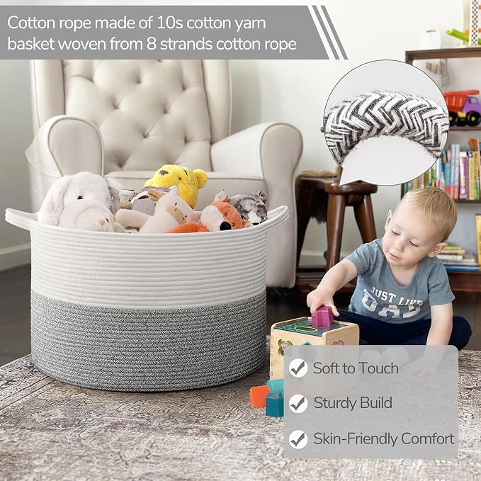 INDRESSME Large Woven Rope Blanket Basket Living Room Light Grey, 65L | 19.7" x - Image 3