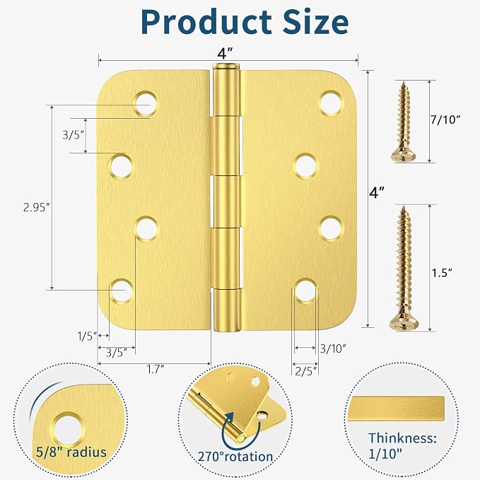 3 Pack Door Hinges 4 Inch, Brushed Gold Hinges - Image 2