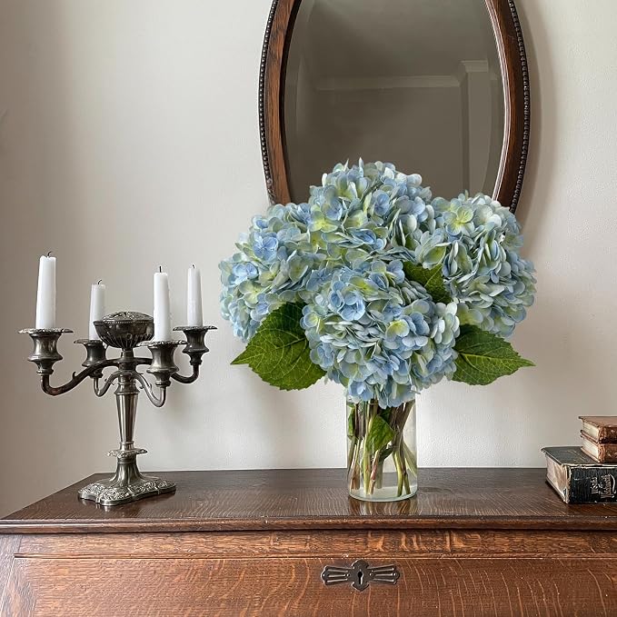 YalzoneMet 3 PCS Light Blue-Green Hydrangea Artificial Flowers 21'' Real Touch - Image 3
