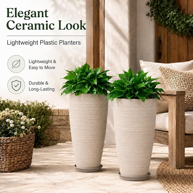 Neoaider Set of 2 Tall Planter, 21 inch Large Plastic Planter, Oat Color | - Image 2