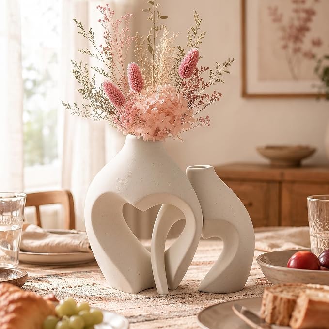 White Ceramic Flower Vase Home Table Decor Heart Shaped Vase Set of 2 | Boho - Image 7