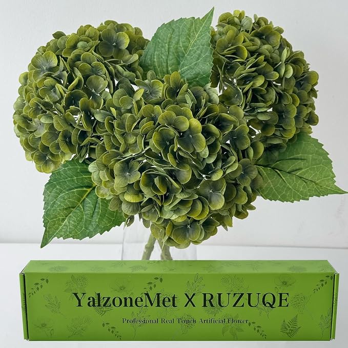 YalzoneMet 3 PCS Vintage Dark Green Hydrangea Artificial Flowers 21 inches Real by YalzoneMet