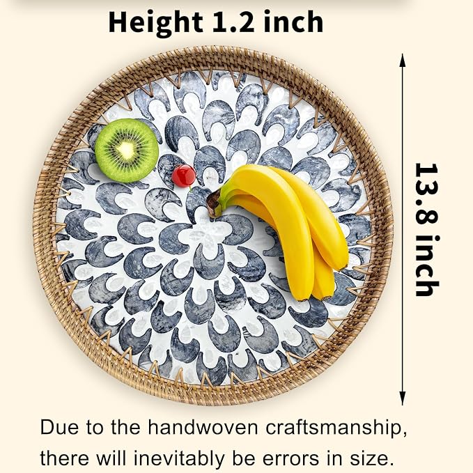 Round Rattan Tray with Mother of Pearl Inlay, Decorative Basket with Wooden Base - Image 2