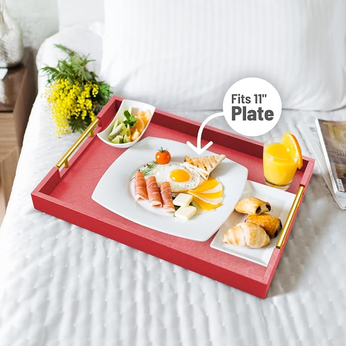 ATZYmolin 17"x12" Leather Serving Tray, Polished Metal Handles, Coffee Table - Image 4
