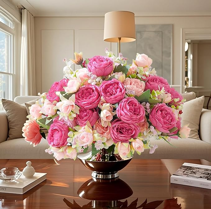 peonies artificial flowers 12 Bundles pink flowers bouquet, Lifelike Silk Fake - Image 2