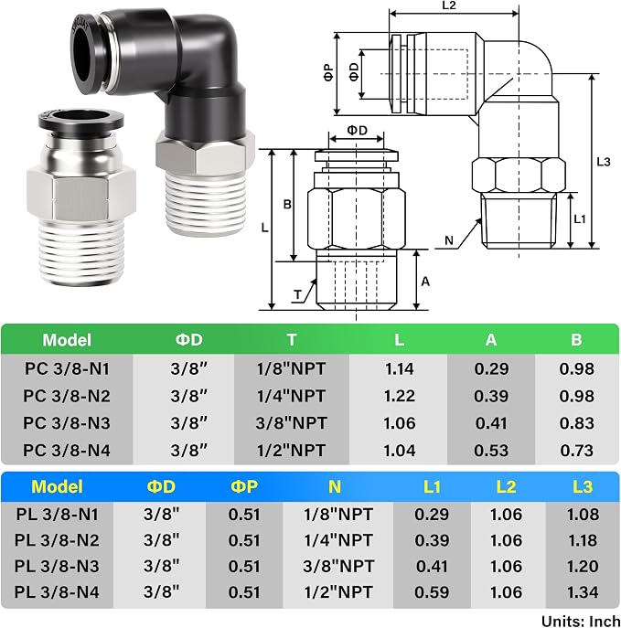 TAILONZ PNEUMATIC Elbow and Straight Combination 3/8 Inch Tube OD x 1/4 Inch - Image 2
