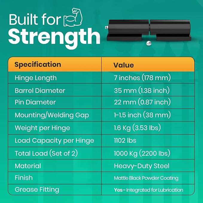 7" Heavy Duty Weld On Hinges for Metal, 1.38" Barrel, 0.87" Pin, 1102 lb - Image 3