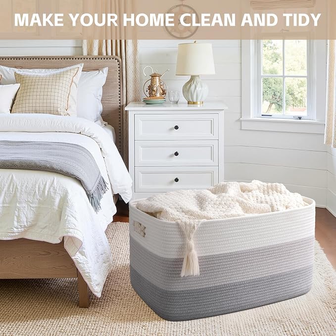OIAHOMY Large Blanket Basket, 22”x17”x12” Rectangle Woven Baskets, Nursery - Image 9