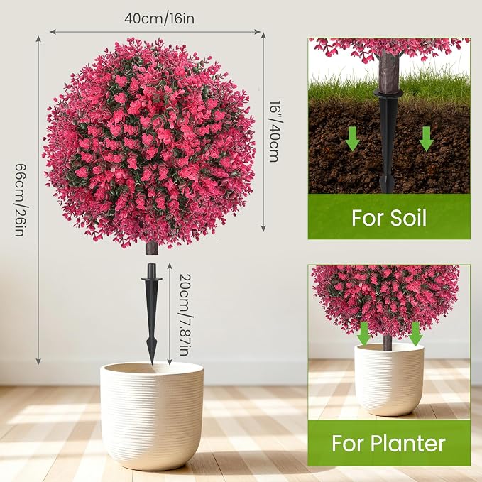 Artificial Red Eucalyptus Topiary Ball Tree, UV Resistant Faux Evergreen Trees - Image 3