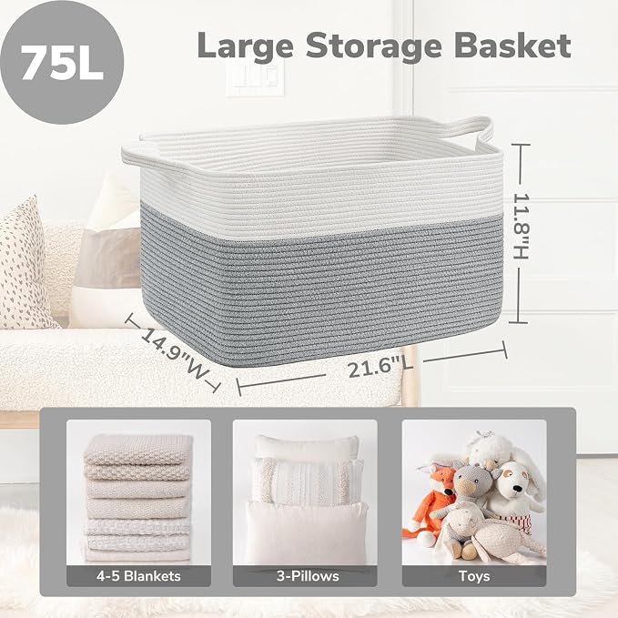 Goodpick Large Woven Rope Blanket Basket, Blankets & Clothes, Nursery & Bedroom - Image 3