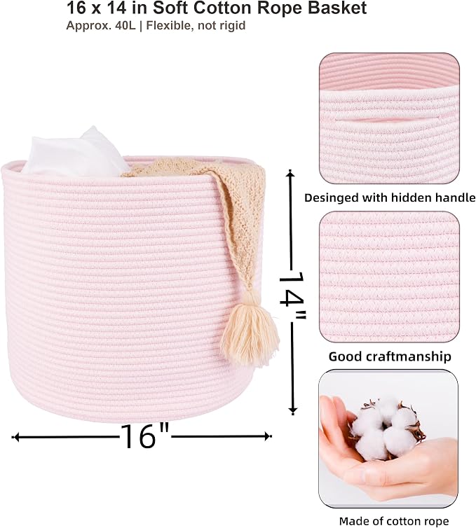 XUANGUO Cotton Rope Basket For Girls Kids 16”X14” pink | Baby Laundry Baskets - Image 2
