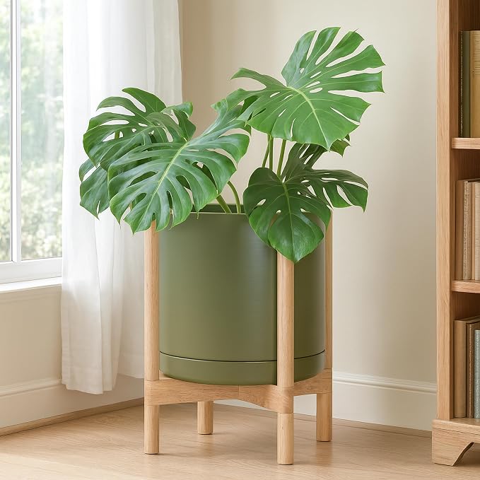 D'vine Dev Ceramic Pot with Natural Wood Stand, 14 in, 55-B-R-J | Mid-Century - Image 4