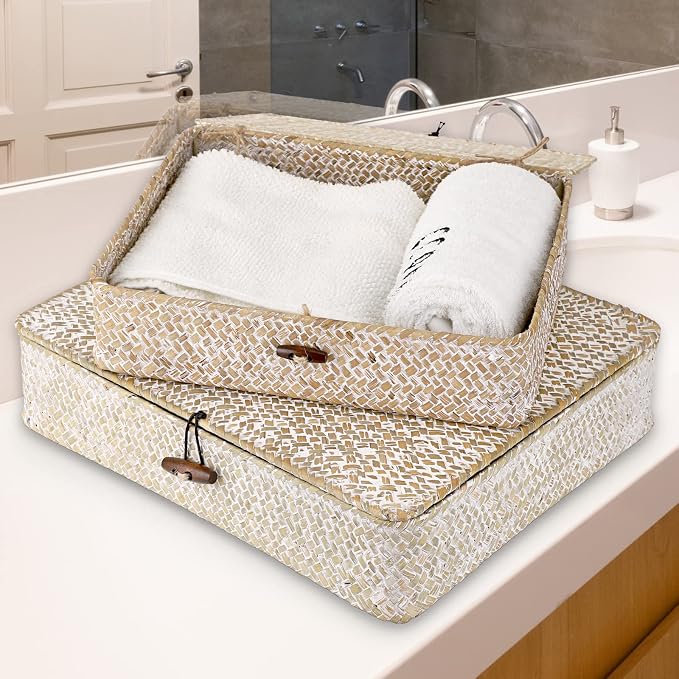 Hipiwe Set of 2 Flat Woven Wicker Basket Bins - Image 3