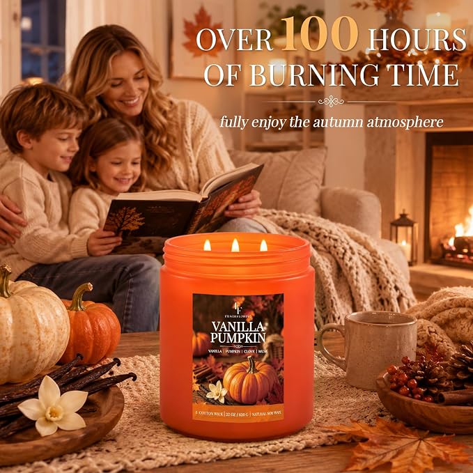 Large Fall Candle Vanilla Pumpkin Scented, 3-Wick 22oz Long Lasting | Soy Wax - Image 6