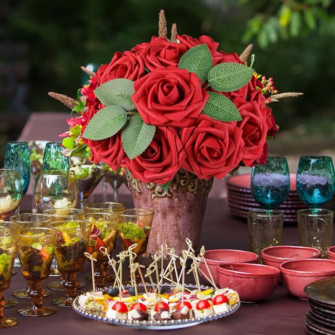 AmyHomie Red Rose 50pcs Real Looking Artificial Flowers w/Stem | Bouquet - Image 3