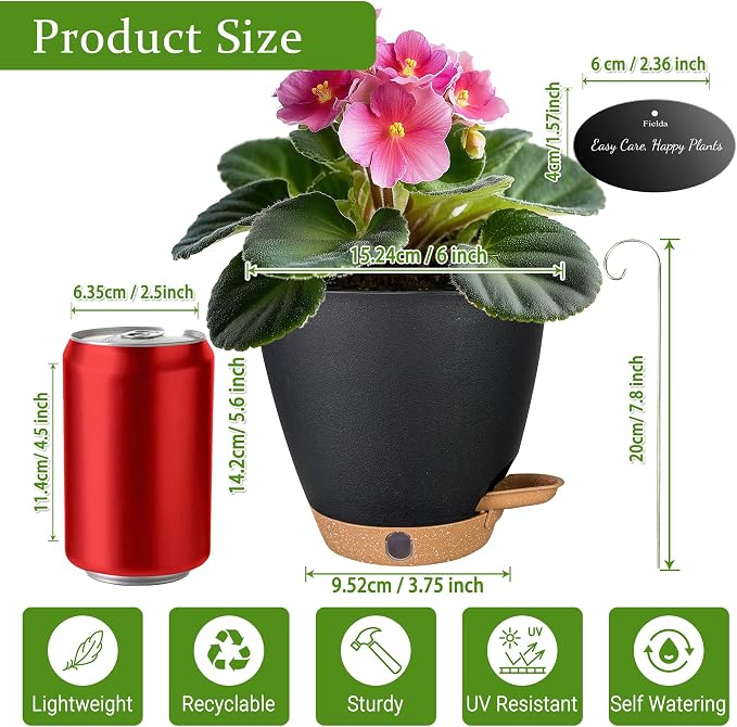 6" Self Watering Pots for Indoor Plants, Small Plastic Planters | Water Level - Image 5