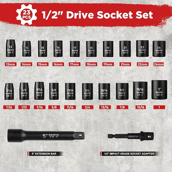 1/2" Drive Impact Socket Set, 23 Piece Metric and SAE Tool Set - Image 2