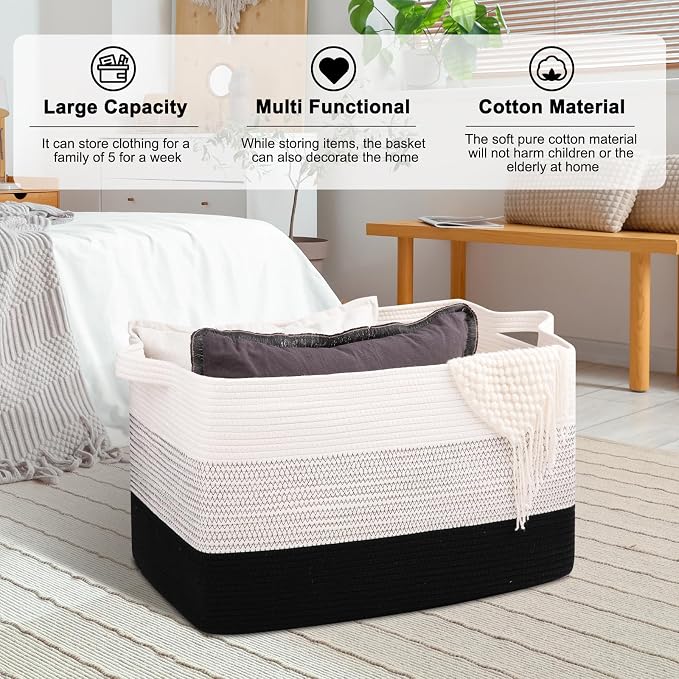 OIAHOMY Extra Large Blanket Basket, 95L Cotton Rope Woven Laundry Basket - Image 5